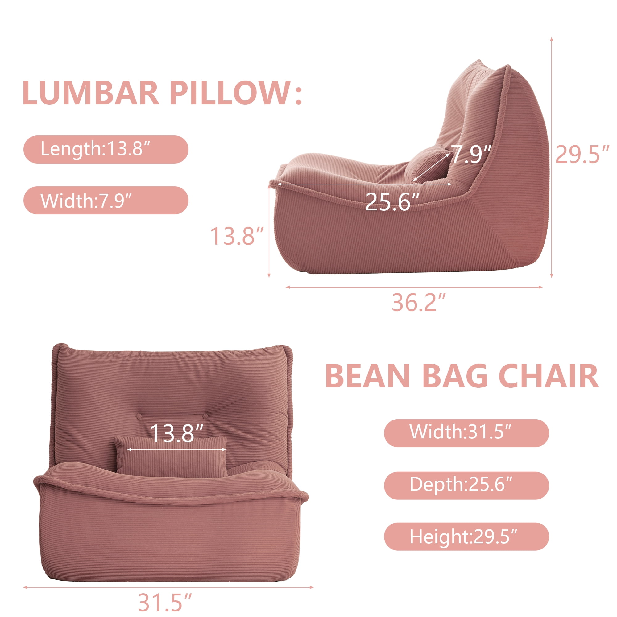 NBLDGT Bean Bag Chair for Adults, Single Lounge Chair with Lumbar Pillow, Comfy Floor Sofa with High-Resilience Foam, Lazy Accent Chair for Living Room, Bedroom, Apartment, Or Reading Corner, Pink