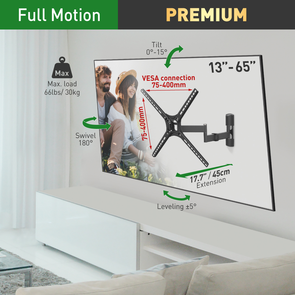 Barkan TV Wall Mount, 13-65 inch Full Motion Articulating - 4 Movement Flat/Curved Screen Bracket, Holds up to 55lbs, Patented Fits LED OLED LCD