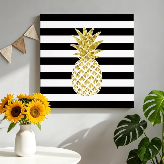 Abstract Fruit Canvas Wall Art, Yellow Pineapple Black White Stripes Modern Framed Canvas Wall Decor Picture Print Artwork Decorations for Living Room Office Ready to Hang 12" x 12"