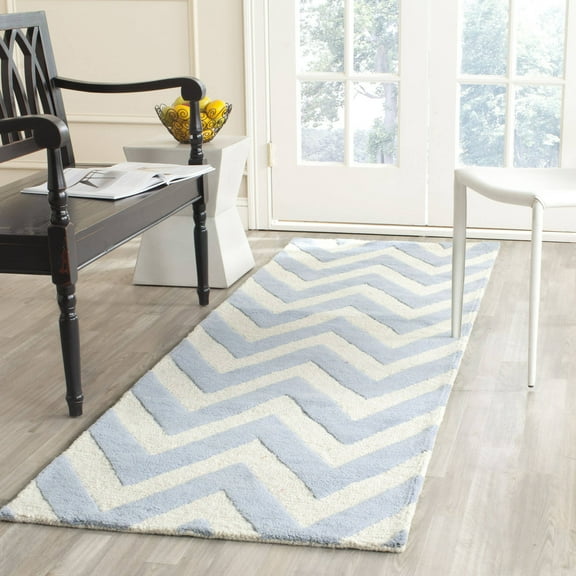 SAFAVIEH Cambridge Kaitlyn Zig Zag Stripes Wool Runner Rug, Light Blue/Ivory, 2'6" x 6'