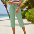 thumbnail image 5 of Ynynloco Women 100%Cotton Drawstring Elastic Waist Capri Pants Casual Side Pocket Button Split Hem Loose Fit Solid Color Summer Trousers, 5 of 6