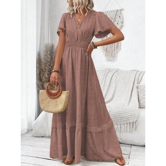 Redwood V-Neck Flutter Sleeve Maxi Dress With Lace Trim And Smocked Waist