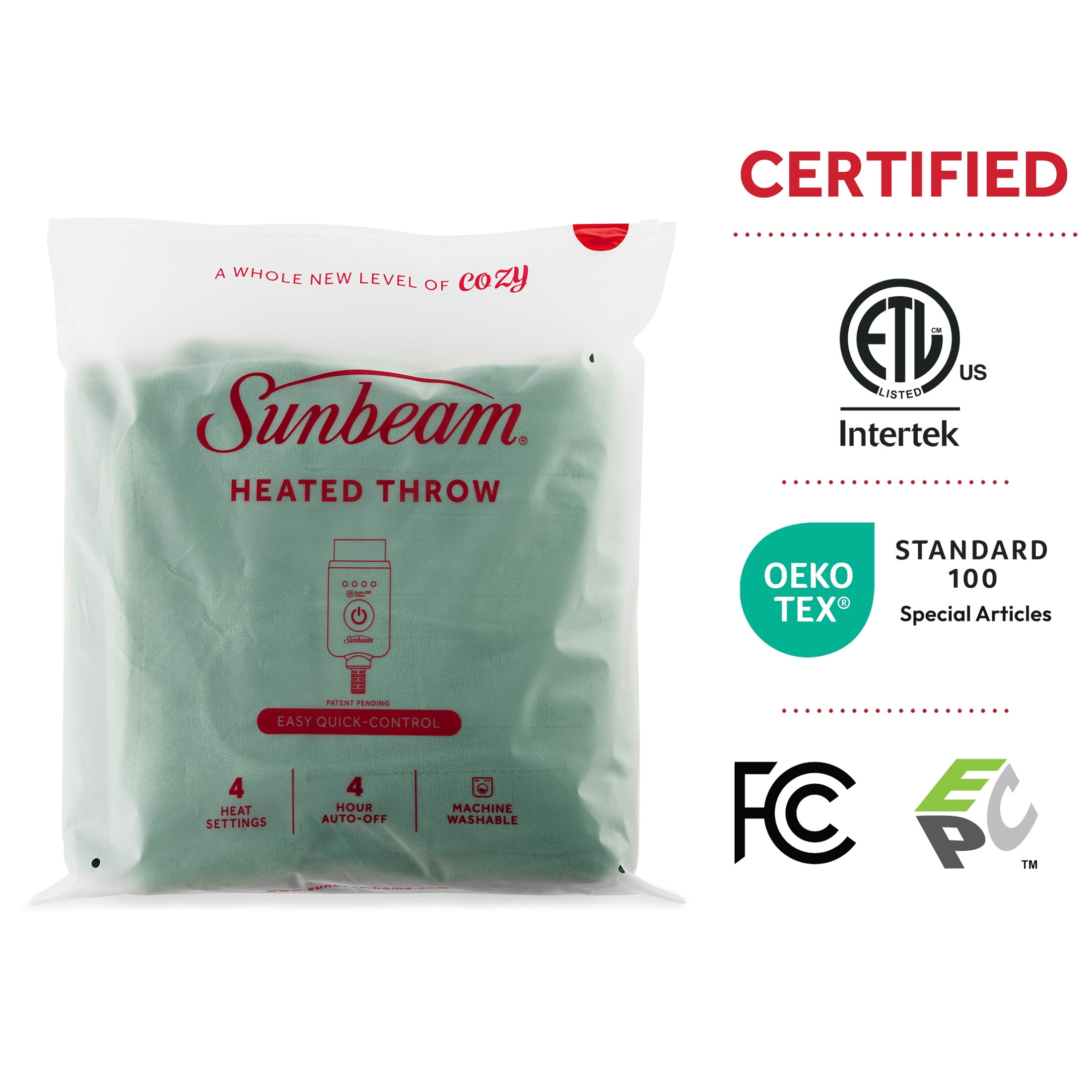 Sunbeam Throw Pine Green Microplush, 4 Heat Settings, 4-Hour Auto Shut-Off, Electric Heated Blanket, 50” x 60”