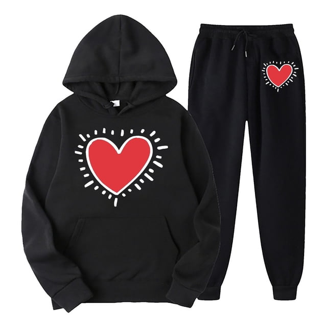 WILLBEST Vêtements d'Automne pour Femmes Ensemble Décontracté Imprimé Cœur Manches Longues Col Rond Sweat à Capuche et Pantalon pour Automne et Hiver Liquidation Coupe Athlétique