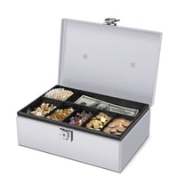 Cash Box with Money Tray and Lock - Metal Money Box for Cash Storage with Secure Latch Lock & Key - Silver Petty Cash Box with 7 Compartment Money Tray for Small Businesses, 11x7.7x3.5 Inches