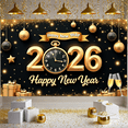 thumbnail image 6 of Gold Theme Happy New Year Banner Black Background 2026 New Year Display Clock Design Gift Boxes New Year Backdrop for New Year Party Holiday Celebration New Year Eve, 6 of 9