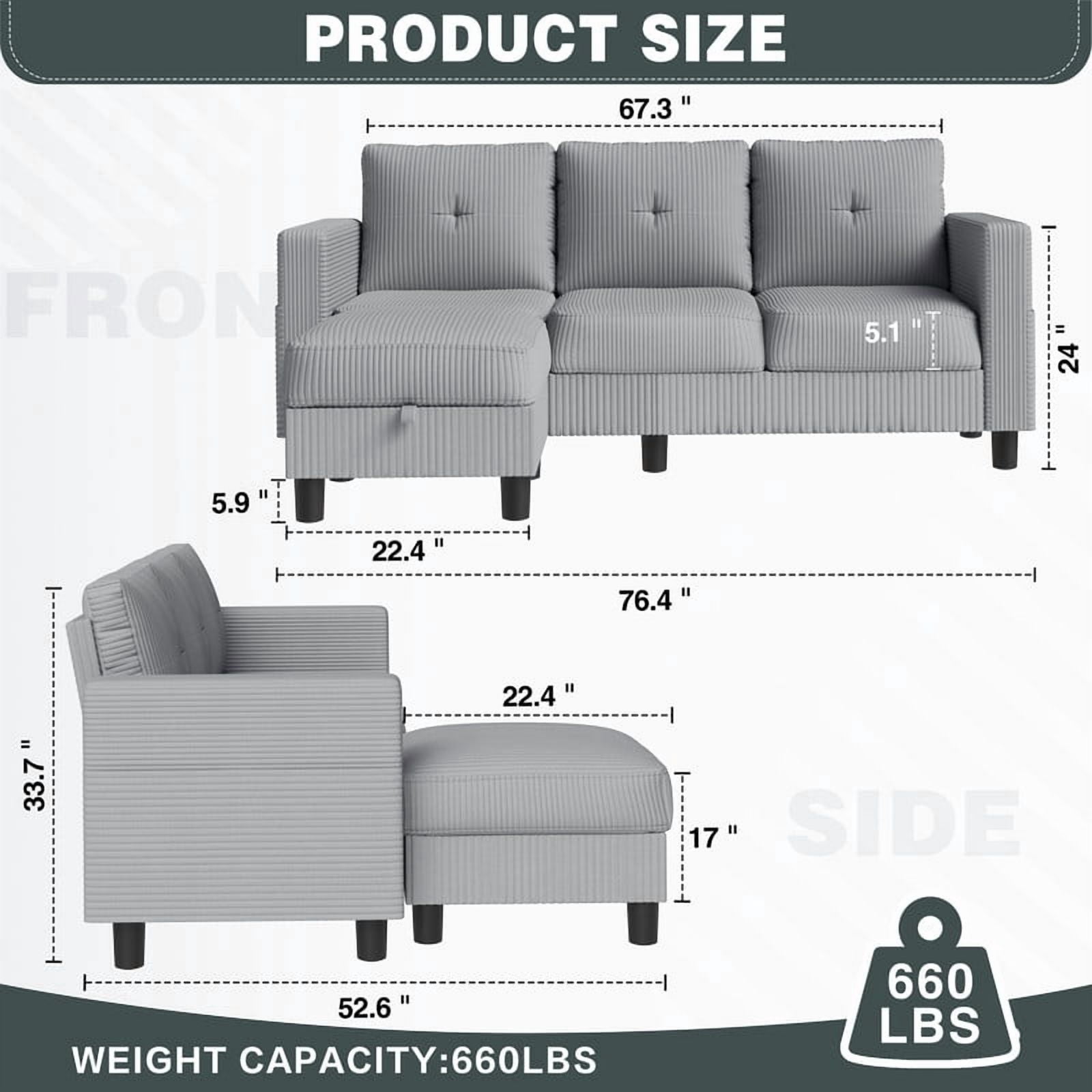 Walsunny Convertible Sectional Sofa Couch, Modern Linen Fabric L-Shaped Couch 3-Seat Sofa Sectional with Reversible Chaise for Small Living Room, Apartment and Small Space,Light Gray
