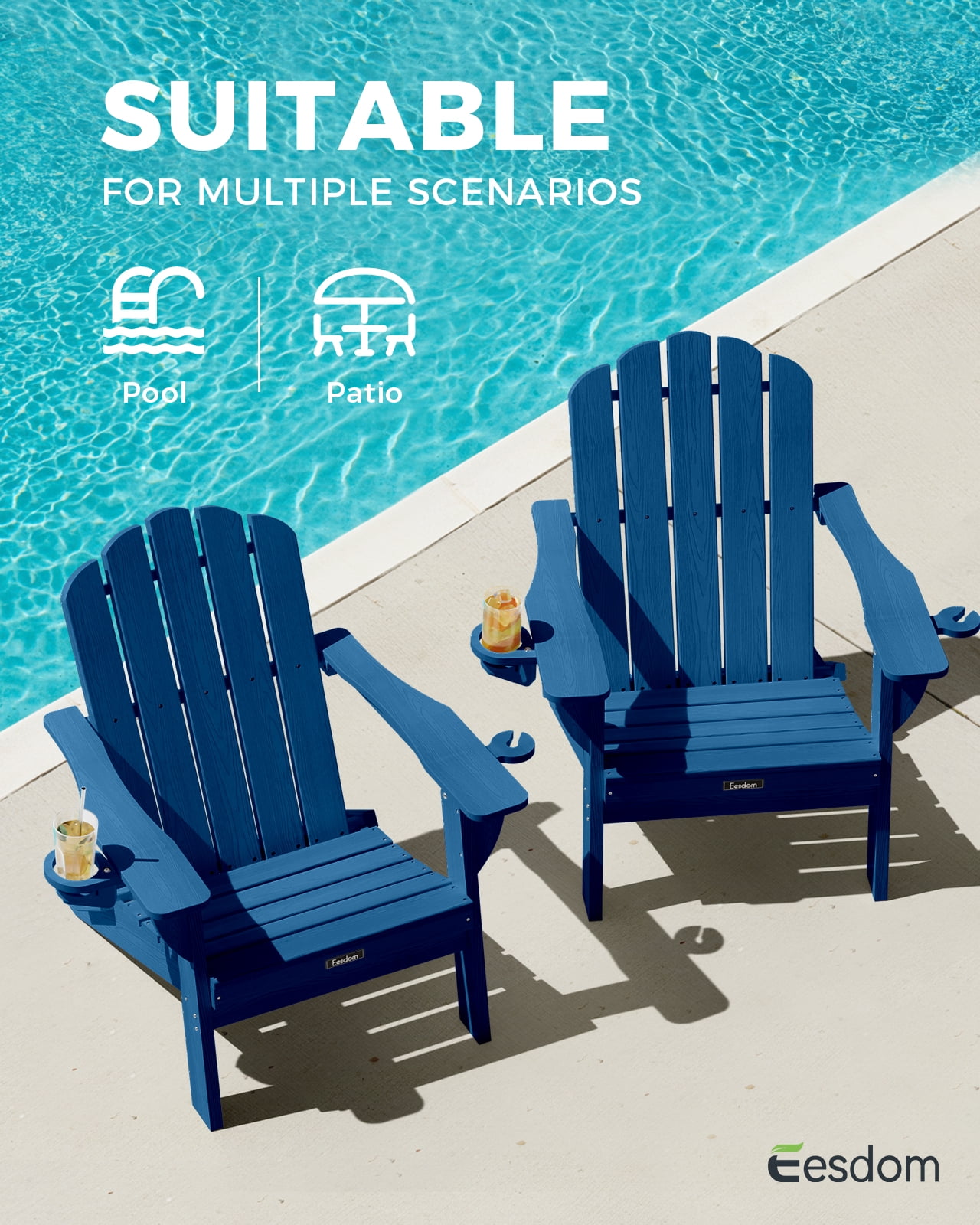 Folding Adirondack Chair set of 4, HDPE Patio Adirondack Chair with 2 Cup Holders, All-Weather Outdoor Chairs, Fire Pit Chairs for Patio, Garden, Poolside, Navy Blue
