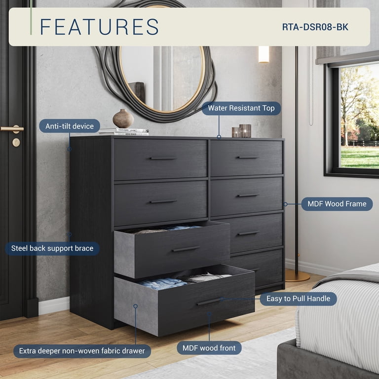 8-Drawer Dresser with Extra Large Fabric Bins, Wood Frame Storage