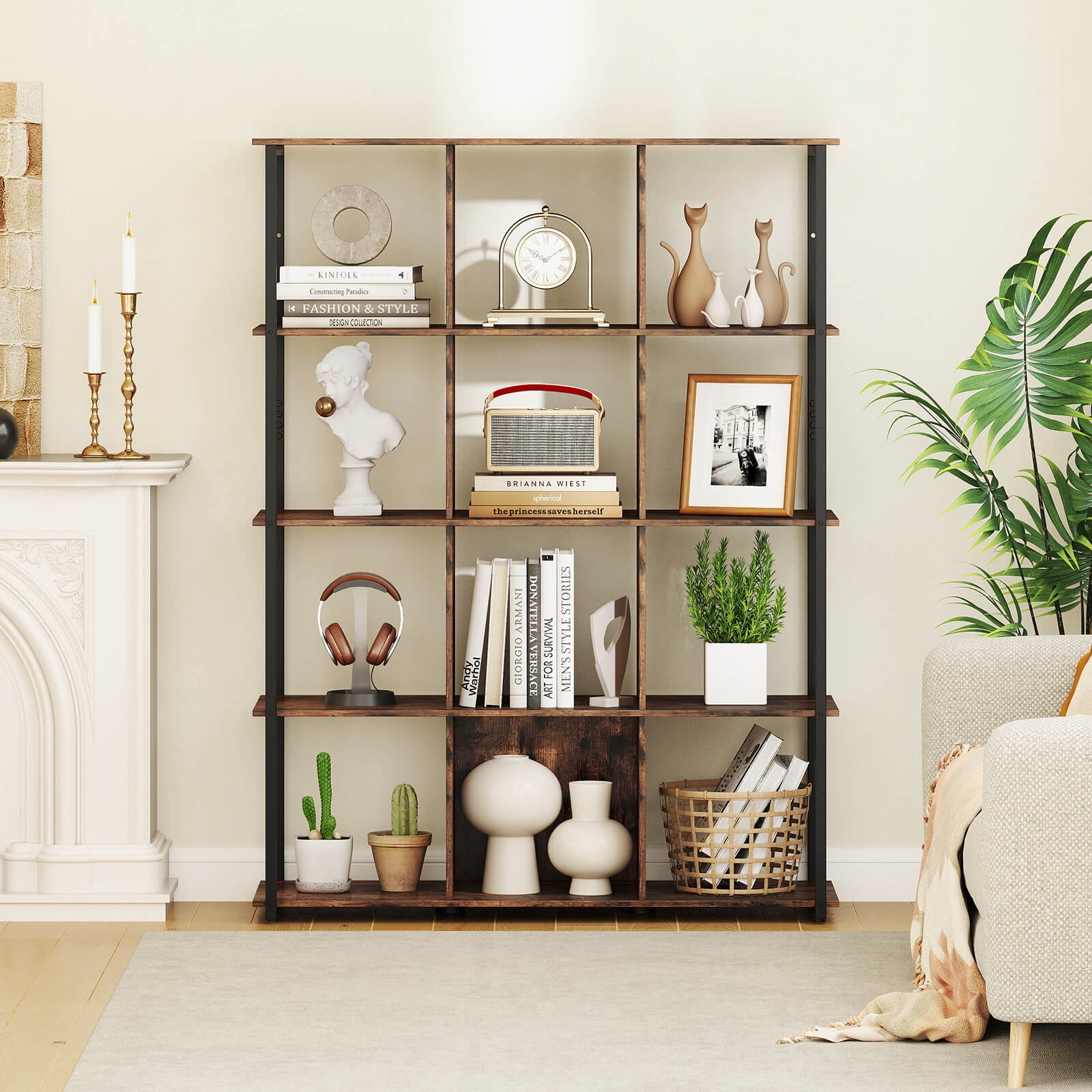 Costway 12-Cube Bookcase 57" Tall Freestanding Bookshelf Industrial Shelf Display Rack