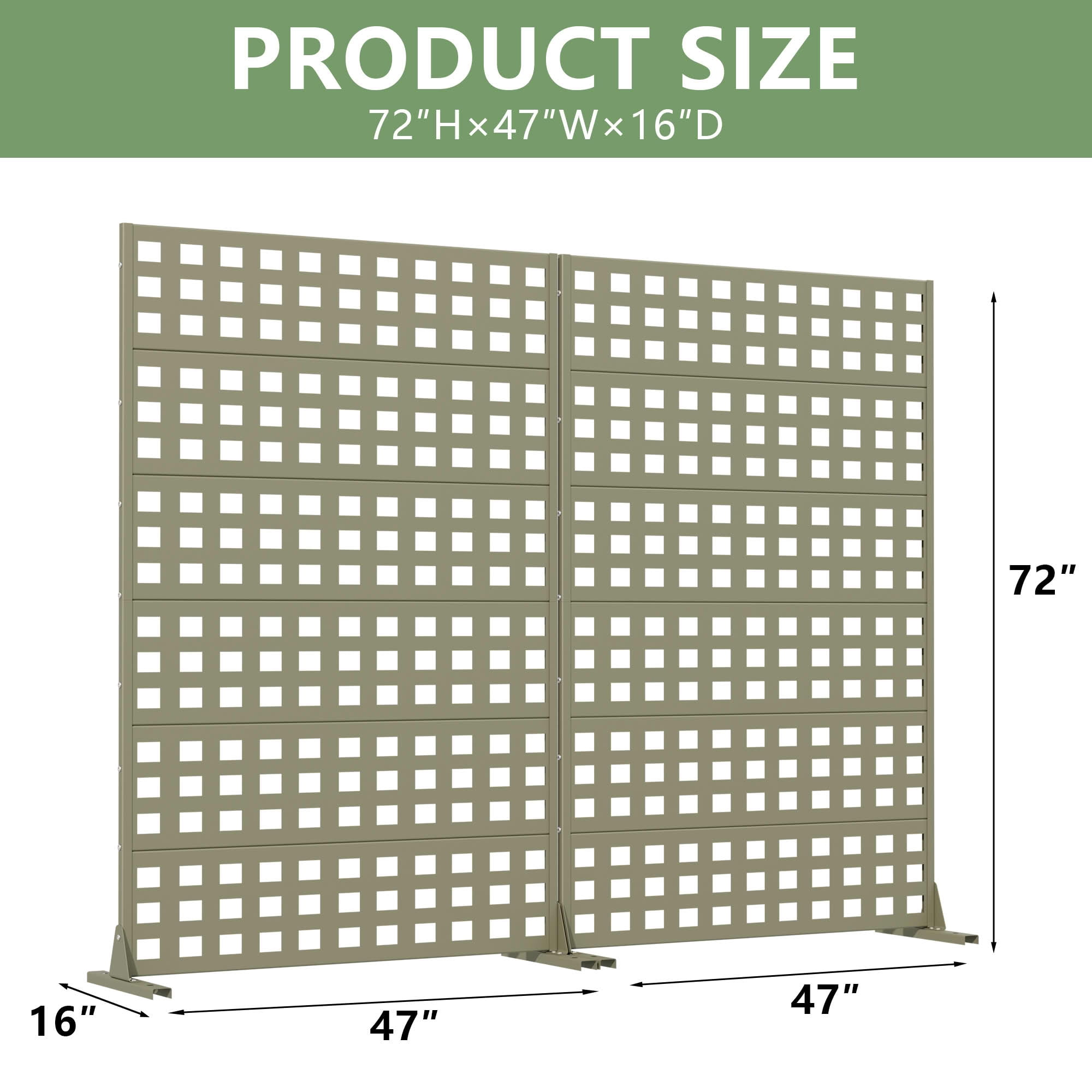 MAYEERTY 2-Piece Outdoor Metal Privacy Screen 6ft × 4ft Olive Gray, 6-Panel Lattice Pattern, Rust-Resistant for Garden
