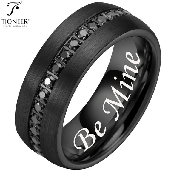 Dome Tungsten Carbide Ring w Eternity Cubic Zirconia in Silver Gold or Black w Black CZ
