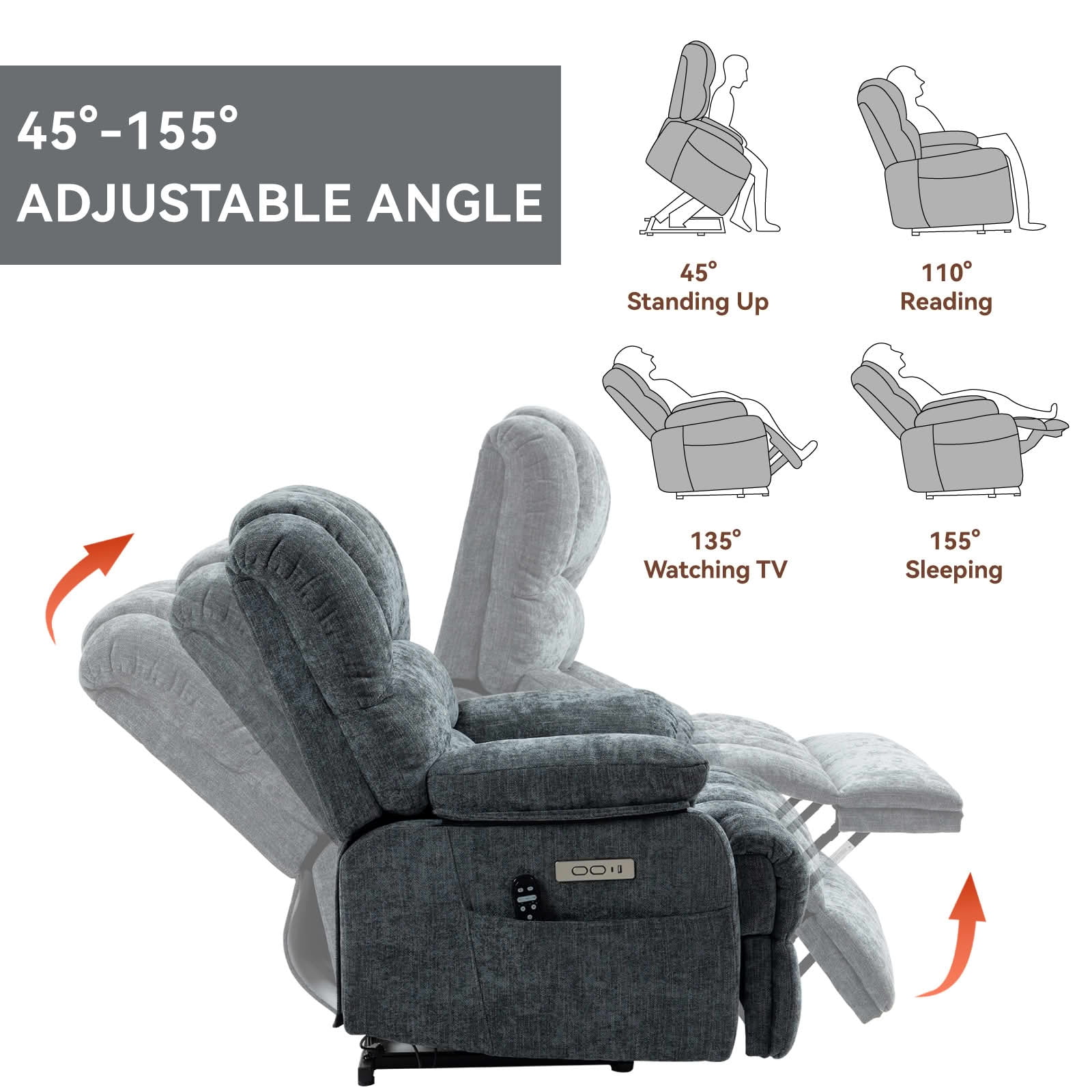 MAYEERTY Blue-Gray Chenille Power Lift Recliner, 350lbs 23" Seat Width Massage Heat USB for Elderly