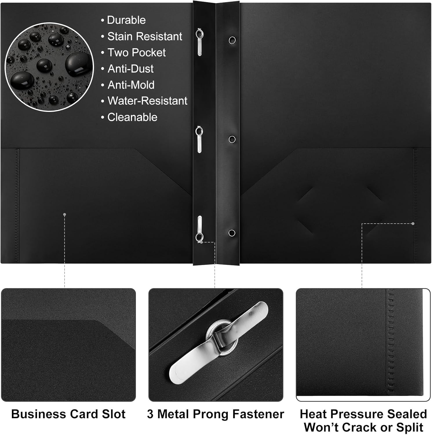 48 Pcs Plastic Folders with 2 Pockets and 3 Prongs Home Folders with Card Slot Letter Size Heavy Duty Report Covers for Back to School(Black,Classic)