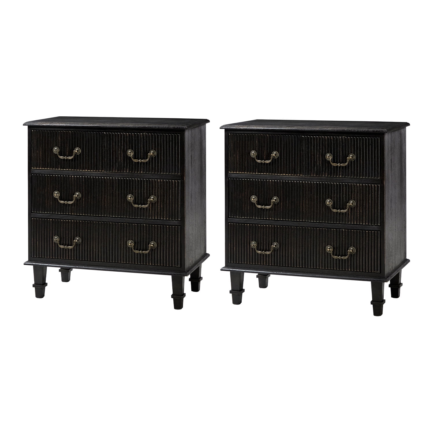 Tina's Home Transitional Set of 2 Solid Wood End Tables with Vertical Striped Design, Built-in Charging Station - 4 Charcoal Drawers