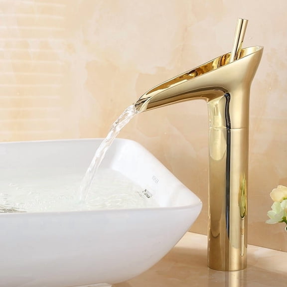 Classic Waterfall Vessel Sink Faucet 1-Hole Single Handle Brass Tap (Gold)