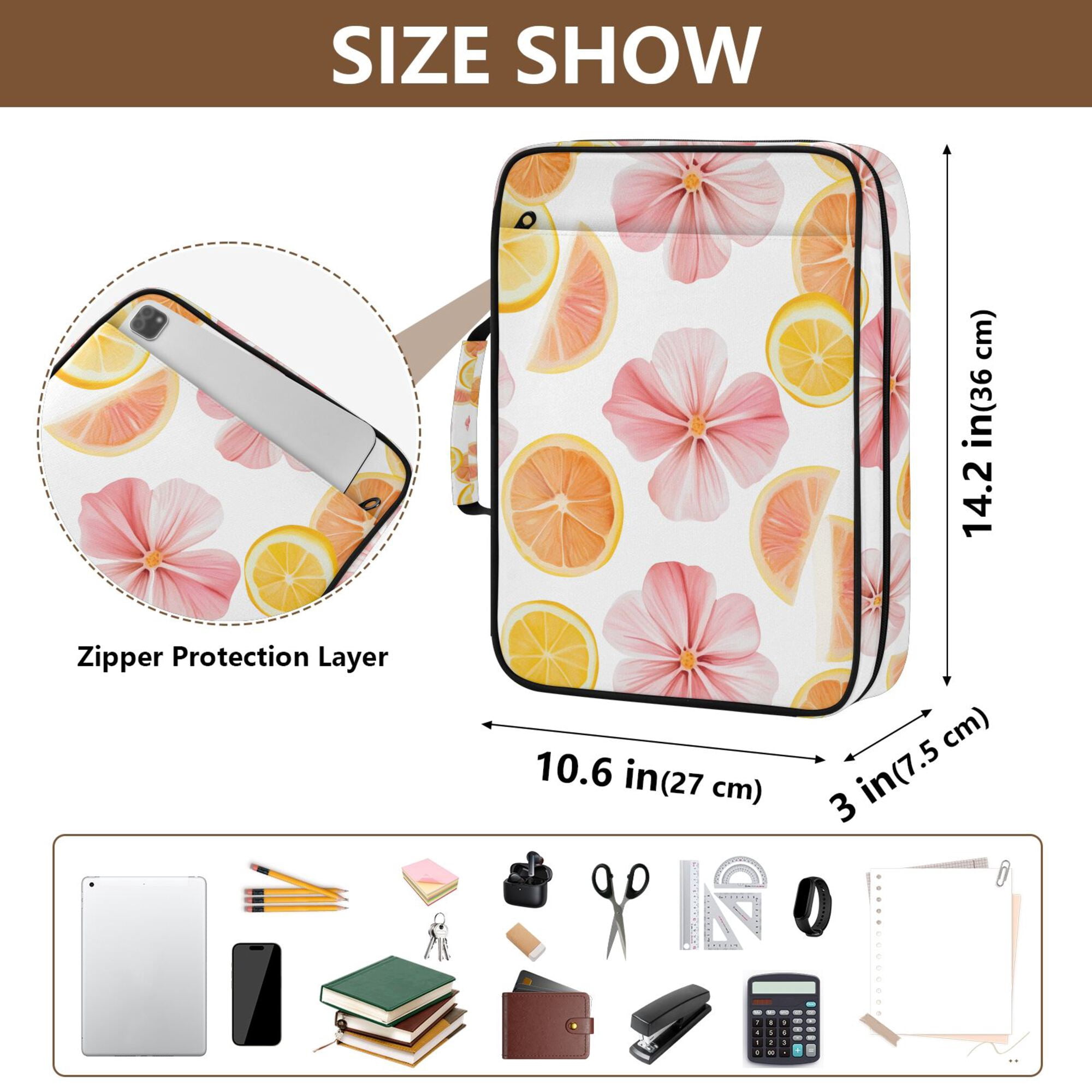 FORMRS Accordion File Folder A4 Size 7-Pocket Expanding Document Organizer Bag with 3 Ring Binder, Floral Orange