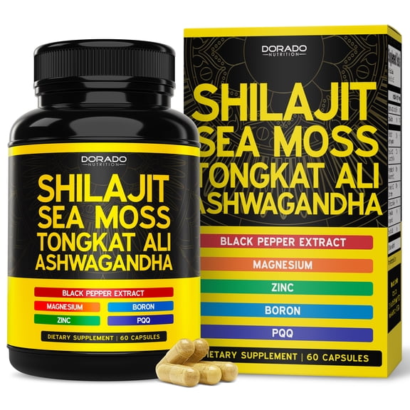 Shilajit Supplement For Men & Women with Sea Moss, Ashwagandha, Tongkat Ali, Boron, Zinc, PQQ, Black Pepper, Magnesium - Fulvic Acid - Third Party Tested, Vegan, Non-GMO (60 Capsules)