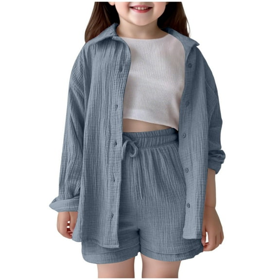Clothes For Girls Girl's 2 Piece Set Button Down Linen Shirts Tops Shorts Kids Clothing Set