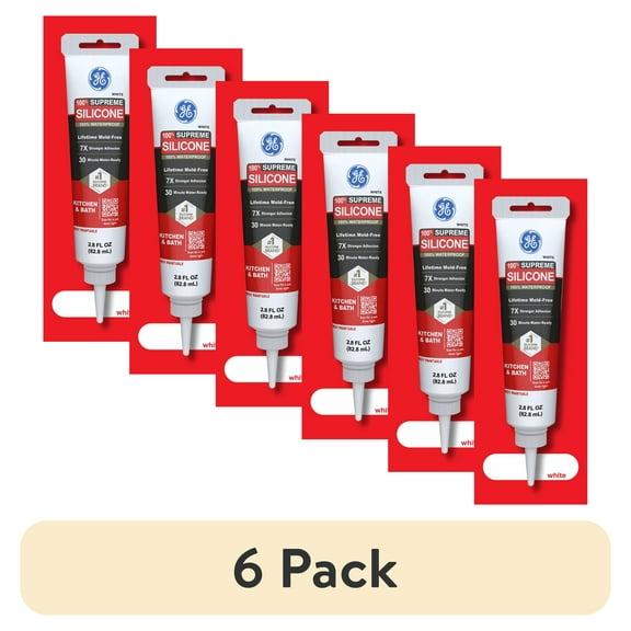 (6 pack) GE Supreme Silicone Kitchen & Bath Sealant, Pack of 1, White 2.8 fl oz Tube