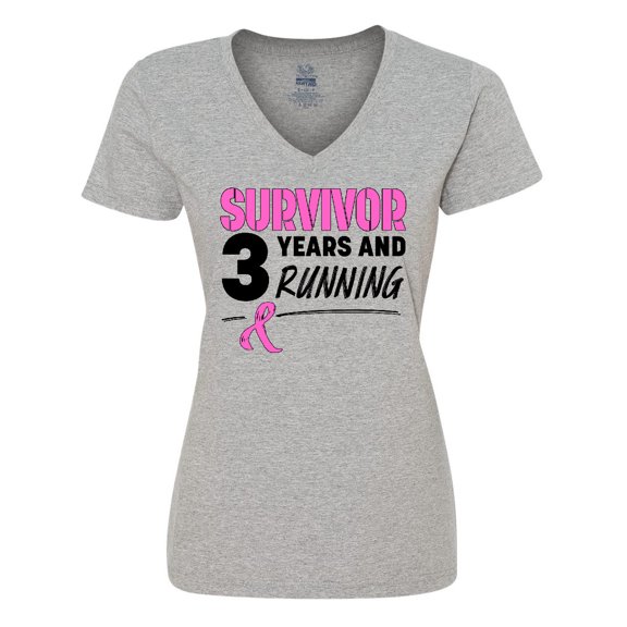 Inktastic Breast Cancer Survivor 3 Years and Running with Pink Ribbon Women's V-Neck T-Shirt