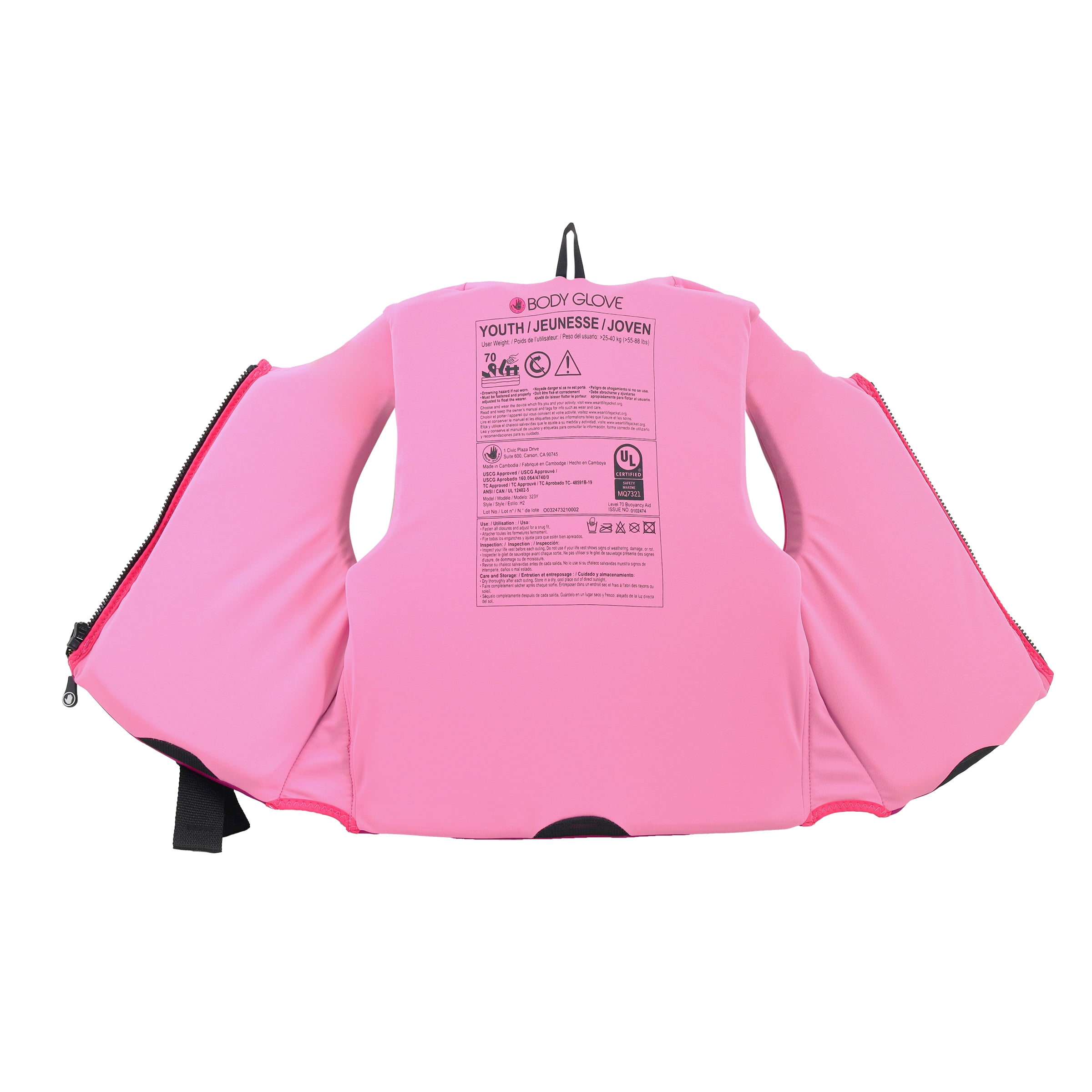 Body Glove Youth Neoprene PFD Life Jacket and Vest, Girl, 55-88 lbs., Pink