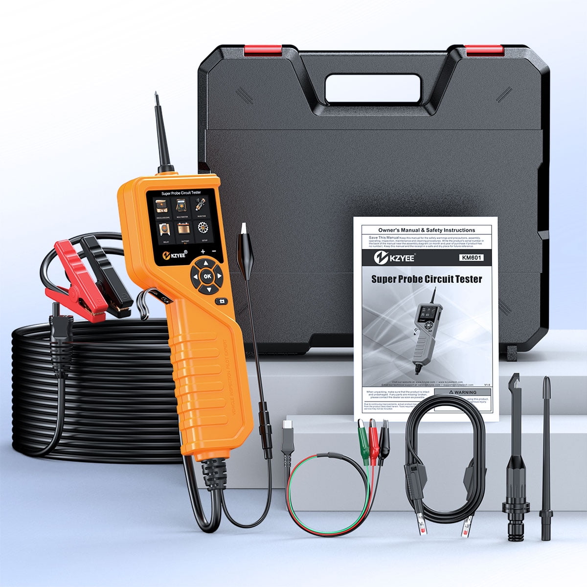 KZYEE KM601 Super Probe Circuit Tester, 12V 24V Automotive Power Circuit Probe Kit, Multimeter/Oscilloscope/Relay Test/Battery Test/Fuel Injector Test, Short Finder, 30FT Cable