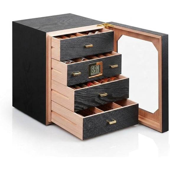Epress Cigar Humidor Cabinet, 150 Count Desktop Cigar Storage Box with 4 Removable Spanish Cedar Drawers, Digital Hygrometer, Humidifier, Magnetic Seal Display Door, Black