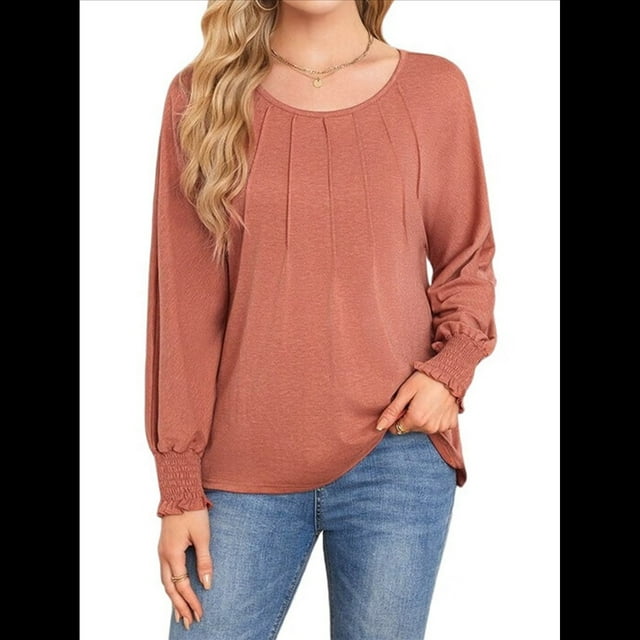 Camisas de Larga para Mujer, Blusas Plisadas Informales de Negocios con Puños Fruncidos. Color Naranja S