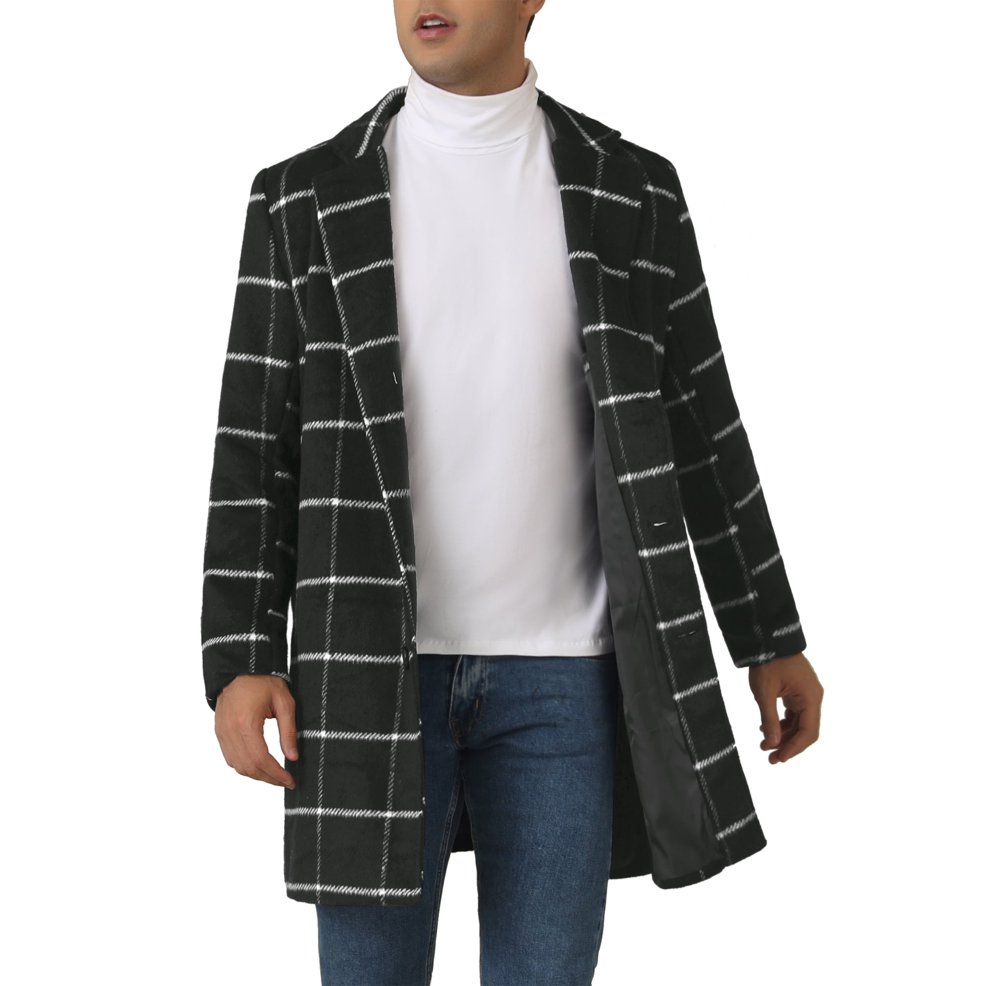 Unique Bargains Plaid Trench Coat for Men s Color Block Single Breasted Winter Checked Overcoat Black M