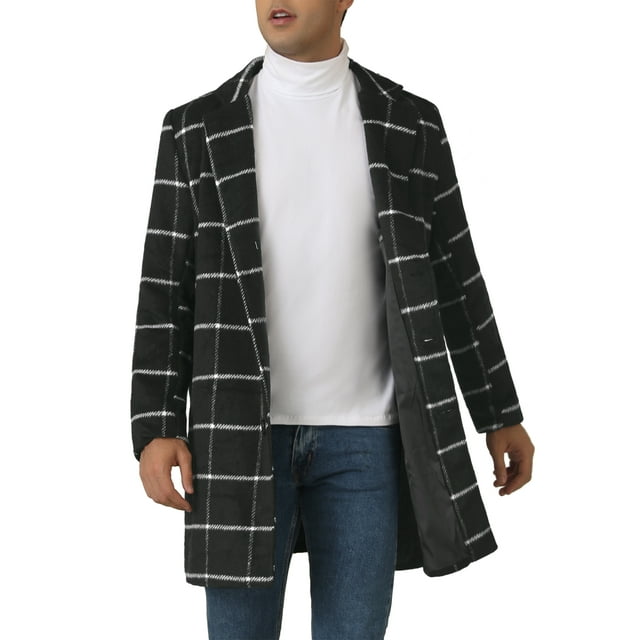 INSPIRE CHIC Plaid Trench Coat for Men's Color Block Single Breasted Winter Checked Overcoat Black S