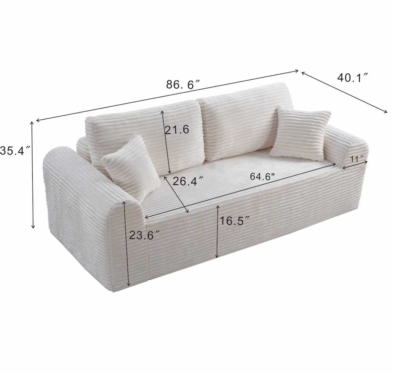 3 Seater Couch, Corduroy Boneless Couch for Living Room with Deep Seat, 86.6 Inch Cloud Sofa with 2 Pillows, Upholstered Floor Sofa in A Box Vacuum Compressed No Assembly, White
