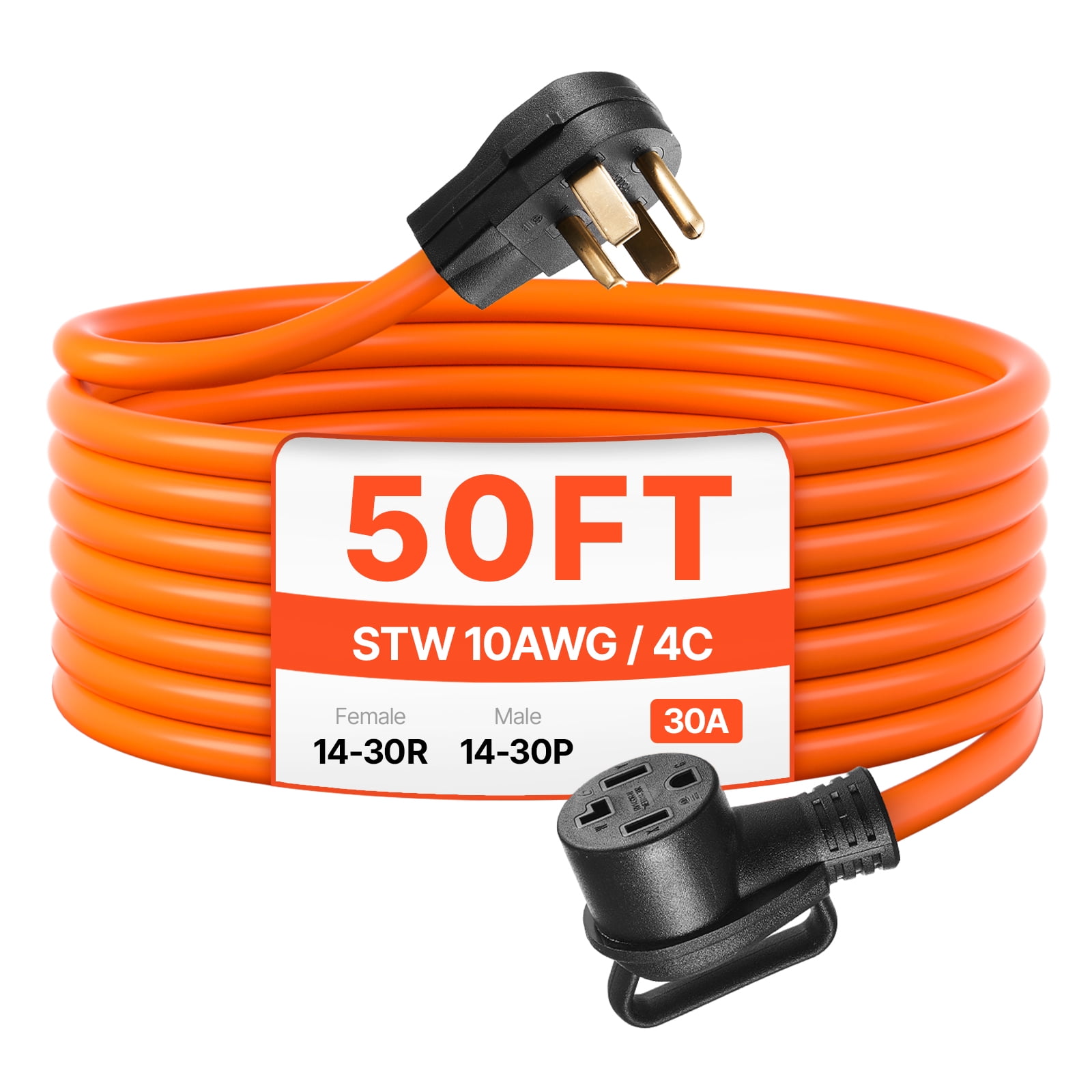 KFFKFF 50 ft Dryer Extension Cord, 4-Prong NEMA 14-30P to 14-30R Cable, 125V/250V, STW 10AWG/4C, 30A, Copper Wire with Black Storage Bag and PVC Tie, Suitable for Indoor and Outdoor Applications