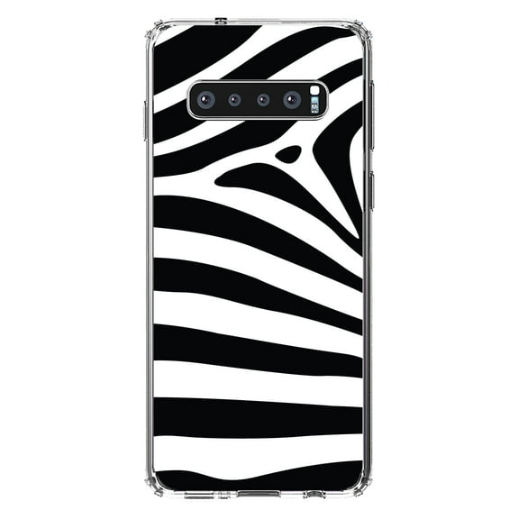 DistinctInk Clear Shockproof Hybrid Case for Samsung Galaxy S10  PLUS(6.4" Screen) - TPU Bumper, Acrylic Back, Tempered Glass Screen Protector - Black White Zebra Skin Stripes