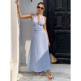 thumbnail image 2 of Womens Blue and White Striped Maxi Dress, Elegant Sleeveless Halter V-Neck, 2 of 3