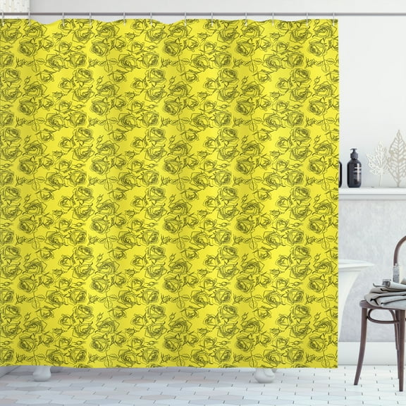 Ambesonne Botanical Shower Curtain, Modernistic Outline Roses, 69"Wx70"L, Yellow and Charcoal Grey