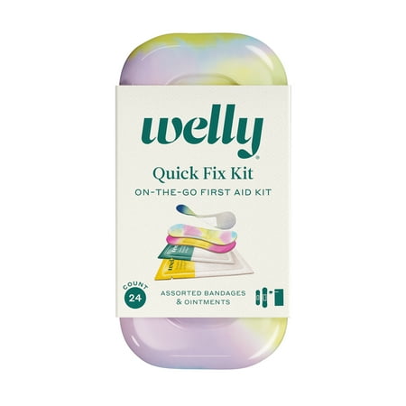 Welly First Aid Kit, Quick Fix Kit for On the Go, Colorwash Patterns, Assorted Bandages and Ointments, 24 Count