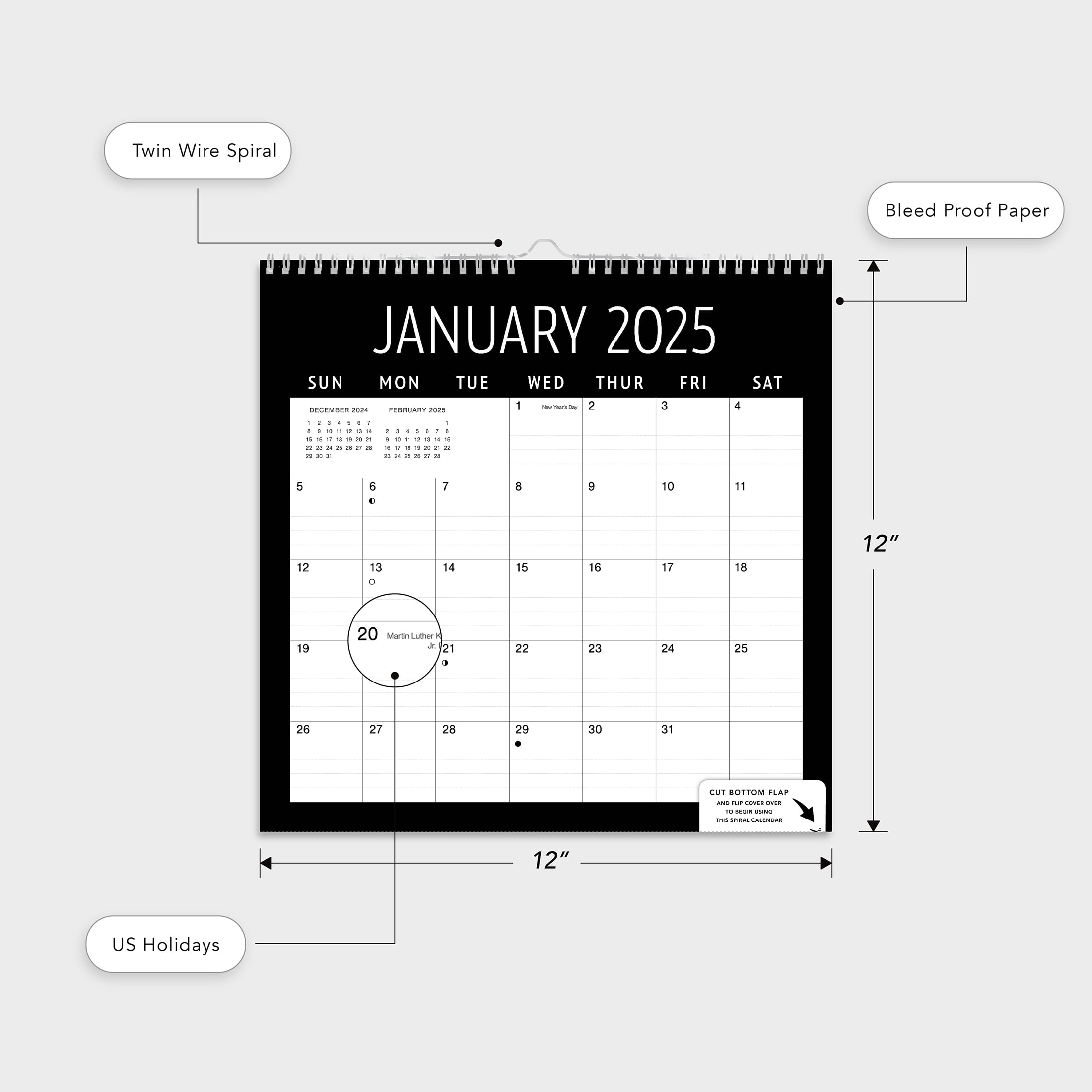 2025- 12 Month Cal-Spiral Black Border-12x12 Spiral Bound by Pen+Gear