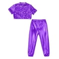 thumbnail image 3 of Hansber Kids Girls Cheerleading Jazz Dance Costume Mock Neck Short Sleeve Sparkly Sequins Crop Top Purple 12, 3 of 5