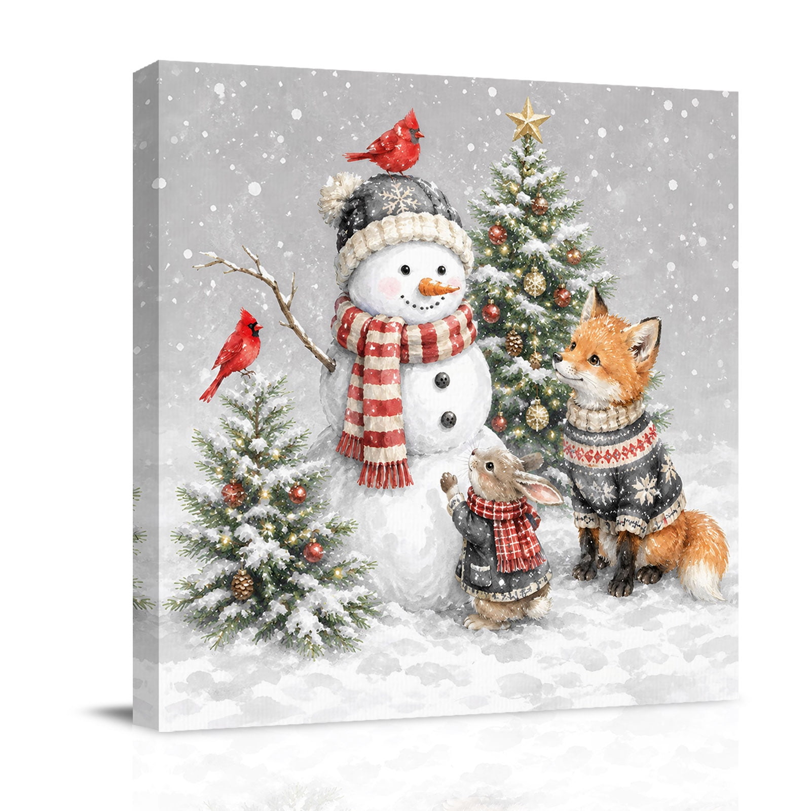 Canvas Wall Art Christmas Snowman Framed Canvas Prints for Bathroom Desk Grey Xmas Tree Farmhouse Small Gallery Wrapped Wall Decor for Home Office Gifts 8 x8 Ship Next Day
