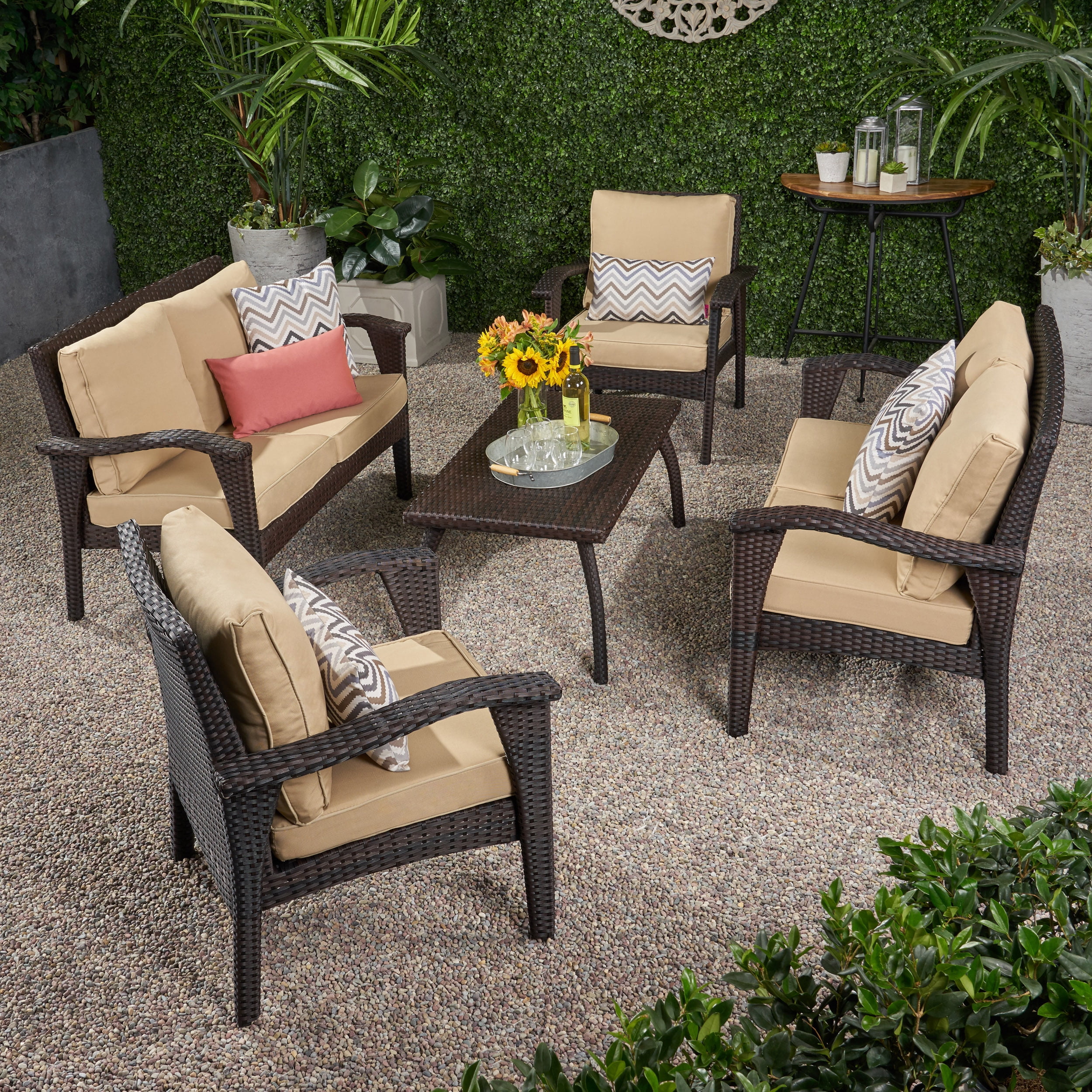 Kingsfield Outdoor 6 Seater Wicker Chat Set with Cushions, Brown and Tan