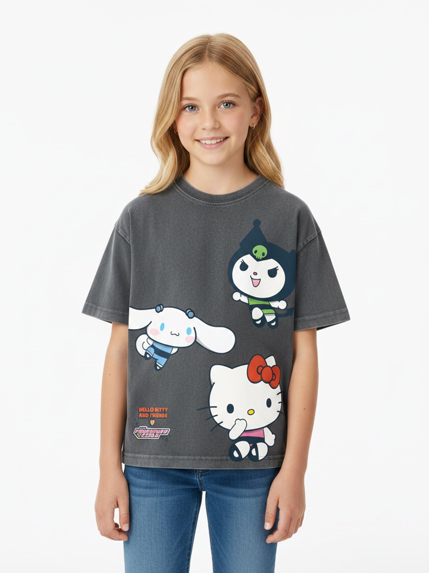 The Powerpuff Girls x Hello Kitty and Friends Girl’s Boxy Mineral Washed Graphic Crewneck Tee with Short Sleeves, Sizes 4-16