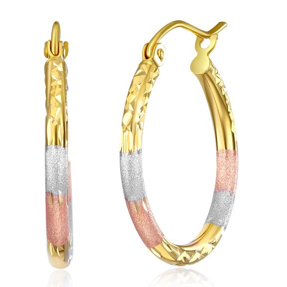 Wellingsale Ladies 14k Tri 3 Color Gold Polished Diamond Cut 2mm Tube Hoop Earrings (20 x 20 mm)