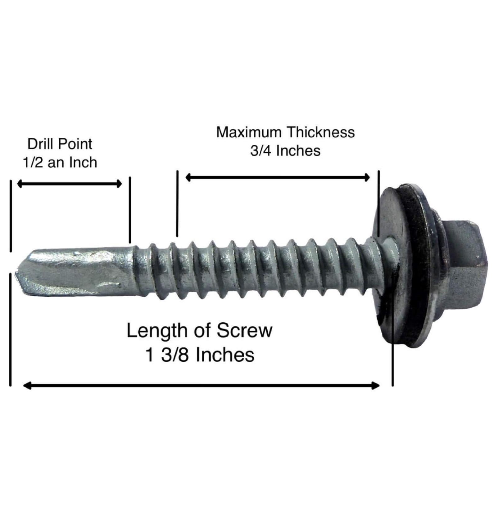12 x 1-1/2" NO Paint Type 3 Metal Roofing Screws - Hex Head Drill Point - 9/16" EPDM Washer. 1 x 250 Count Bag - 250 Screws