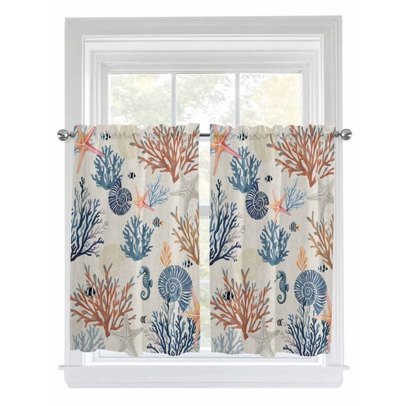 Blue Coastal Bathroom Window Curtain, Summer Beach Coral Shell Starfish Vintage Light Filtering Coffee Kitchen Curtains, Bedroom Living Room Curtains 2 Panel 84"x45"