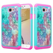 For Samsung Galaxy J7 Prime, J7 Sky Pro, J7 2017, J7 Perx, J7 V, Galaxy Halo Case, Diamond Rhinestone Studded Slim Hybrid Dual Layer[Shock Resistant] Case - Teal Flower