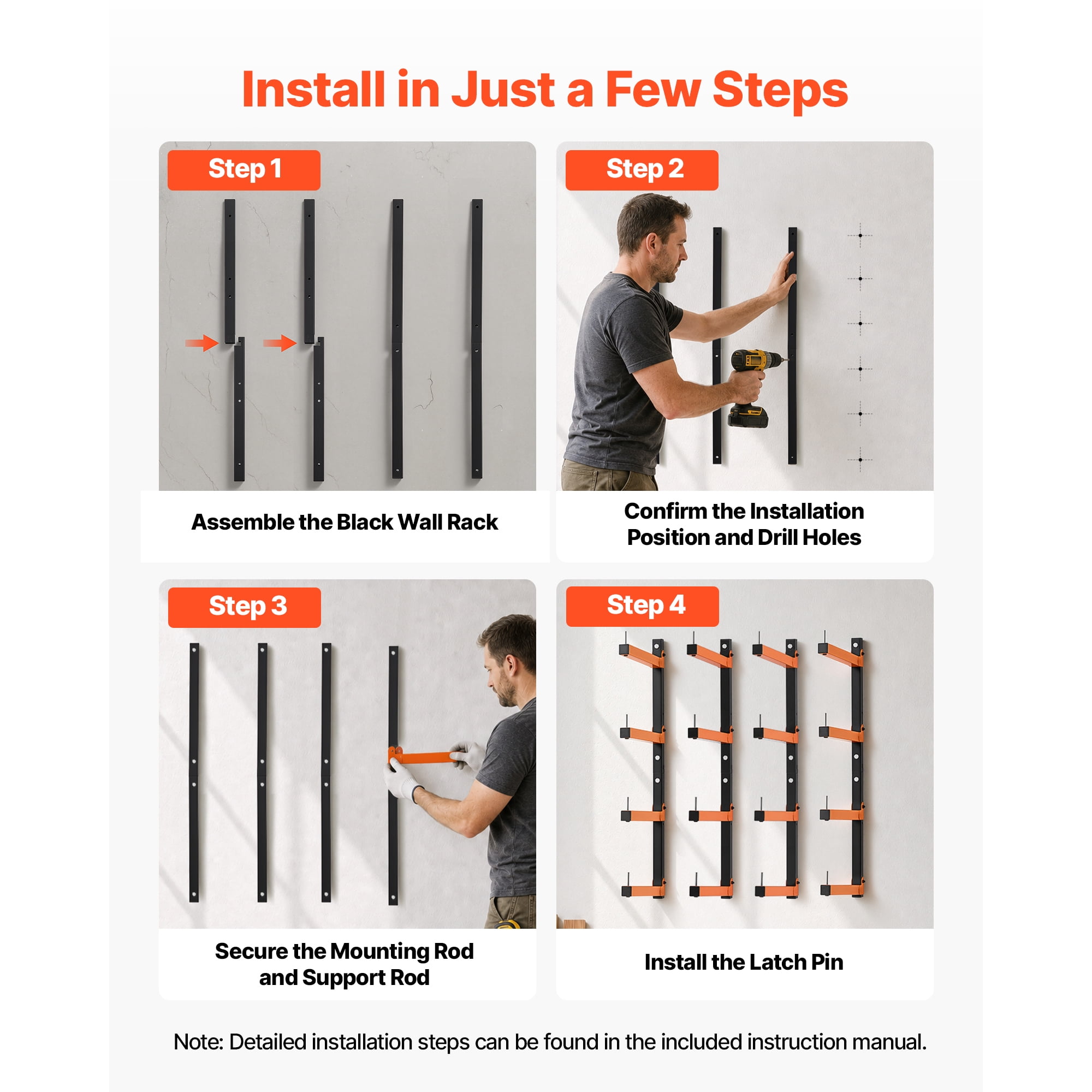KFFKFF 4-Tier Lumber Rack,4-Pack with 110 lbs Capacity per Tier,Foldable Wall-Mounted Wood Storage for Garages,Workshops,Warehouses,Adjustable Cantilever Arms,Steel Construction,Orange & Black Design