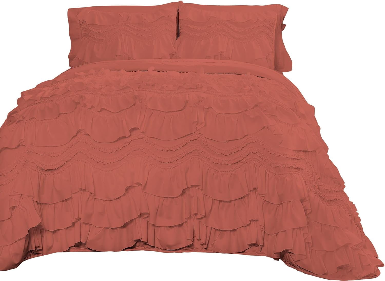 D.N.G. BEDDINGS 800 Thread Counts, 100% Egyptian Cotton, 550 GSM Microfiber filled Quilt Ruffled With Small Pom Pom Textured 1 Piece Twin/TwinXL Size Comforter, Brick Red