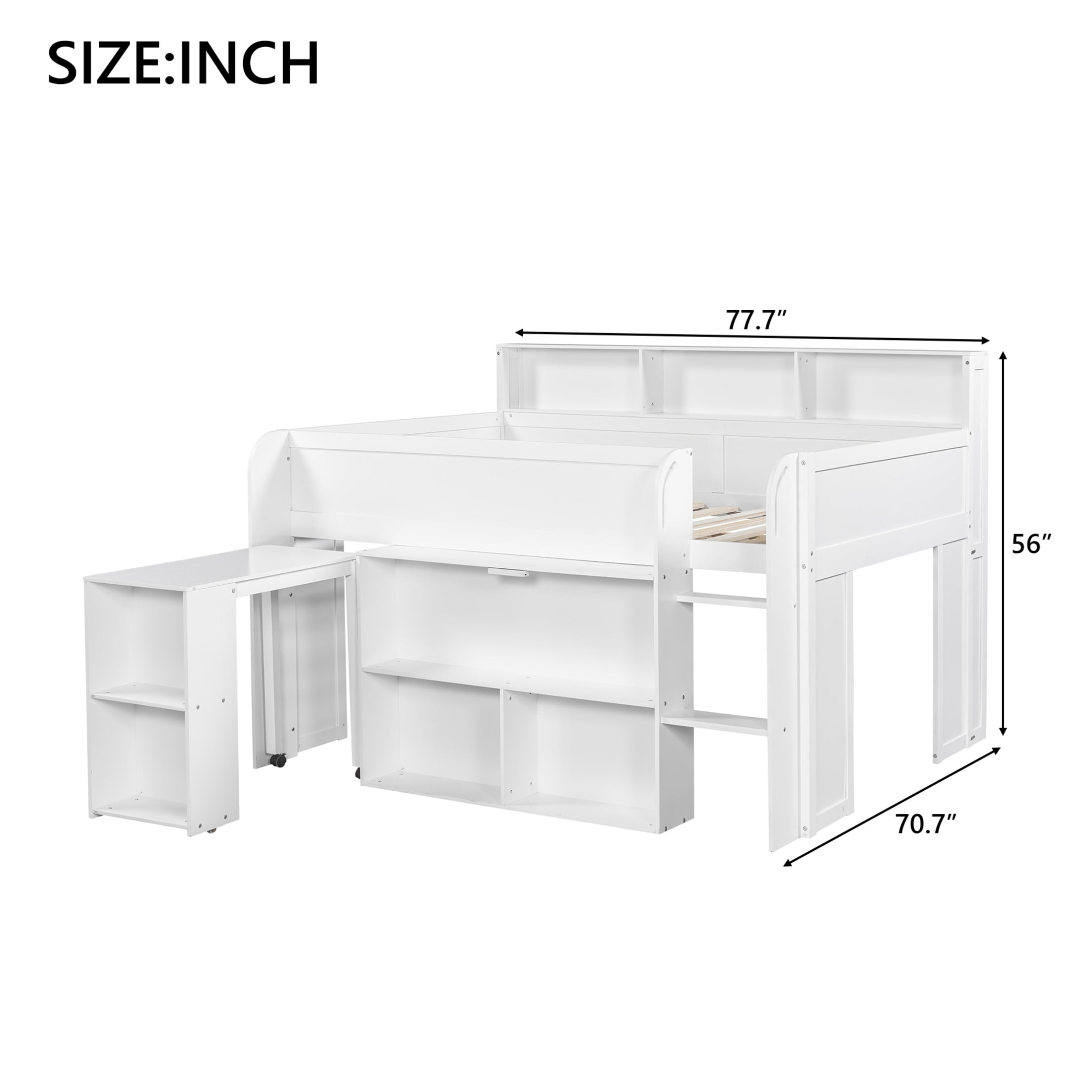 Noble House Nerwin Full Size Solid Wood Loft Bed with Built-in Desk, Storage Shelves and LED Lighting, White
