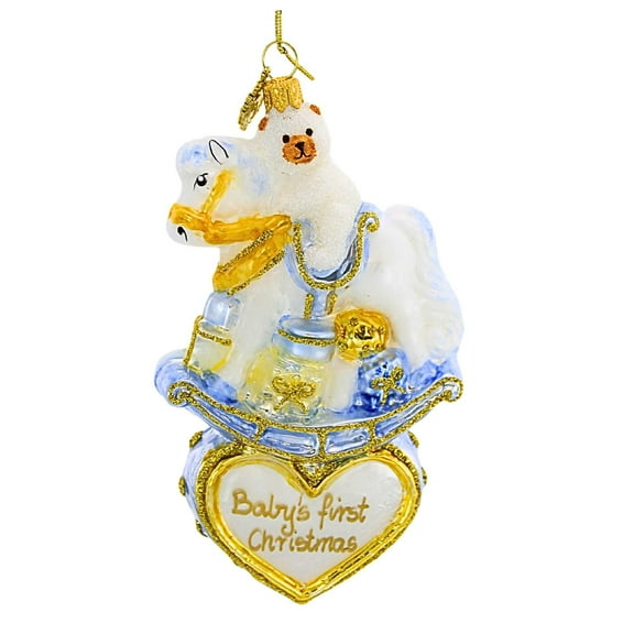 Huras Family 5.00In Boy Rocking Horse On Heart, Glass, Baby's First Christmas Hf243cv